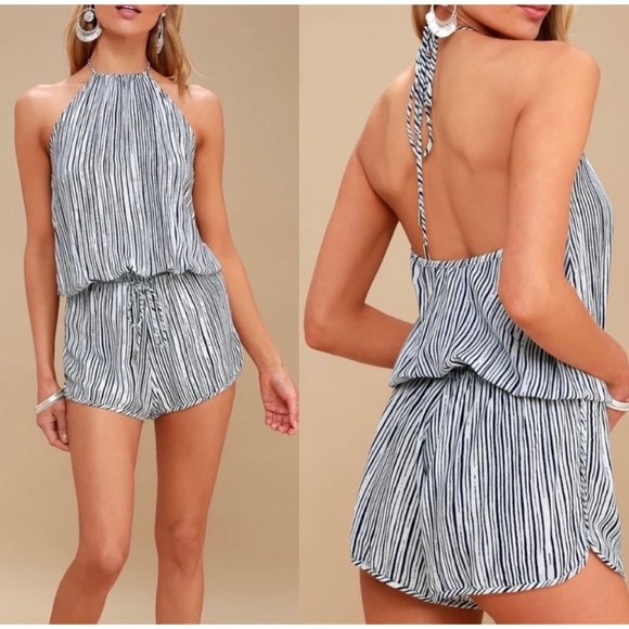 Lulus Other - LULU'S Fortuitous Navy Blue Striped Halter Romper-Size Large